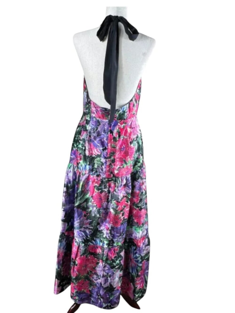 Milly New York Hayden Floral Metallic Halter Dress Open Back Tiered Size 8 - Picture 3 of 16